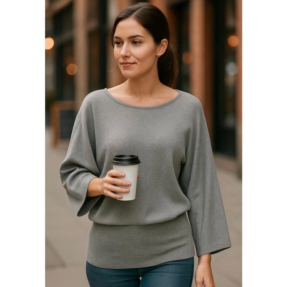 Women's Cable & Gauge Gray Crew Neck Sweater Lg Batwing Fitted Waist Minimalist‎